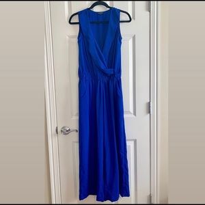 Electric blue jumpsuit with surplice neck